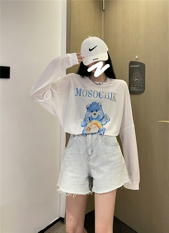 [3 + 2] Korean fashion bear hot drill design loose long sleeve T-shirt 3199# WPL