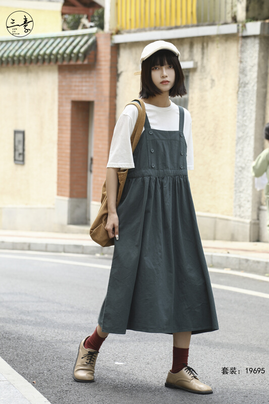 goods in stock! New in early summer! [original of three plain clothes] round neck solid color short sleeve + simple temperament leisure literary style suspender skirt set 19695# XYJ