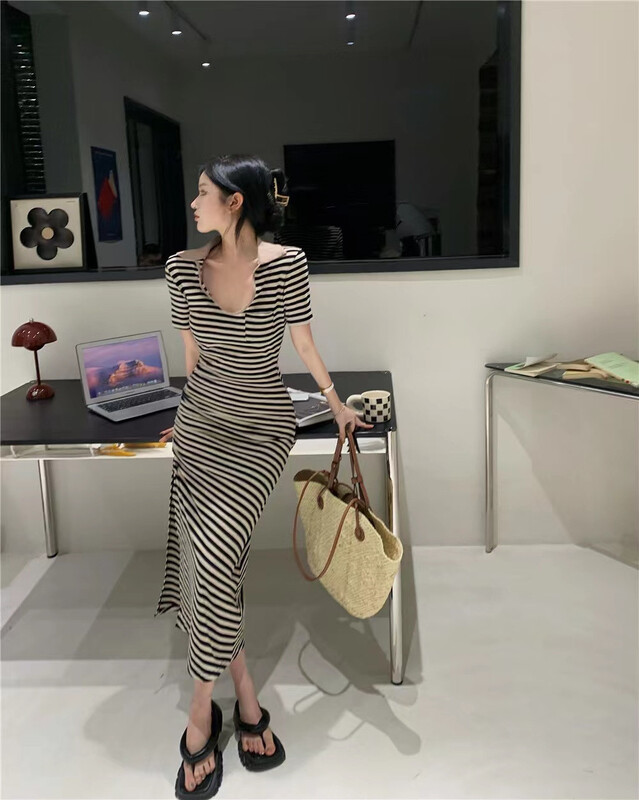 [lucky. Bibi] Korean stripe slim drawstring dress 896# cqw