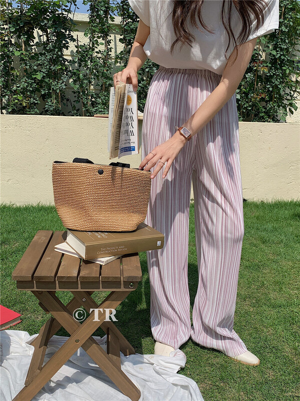 New in early summer! [Colle] Korean stripe compression design loose casual pants 13121911# lwy