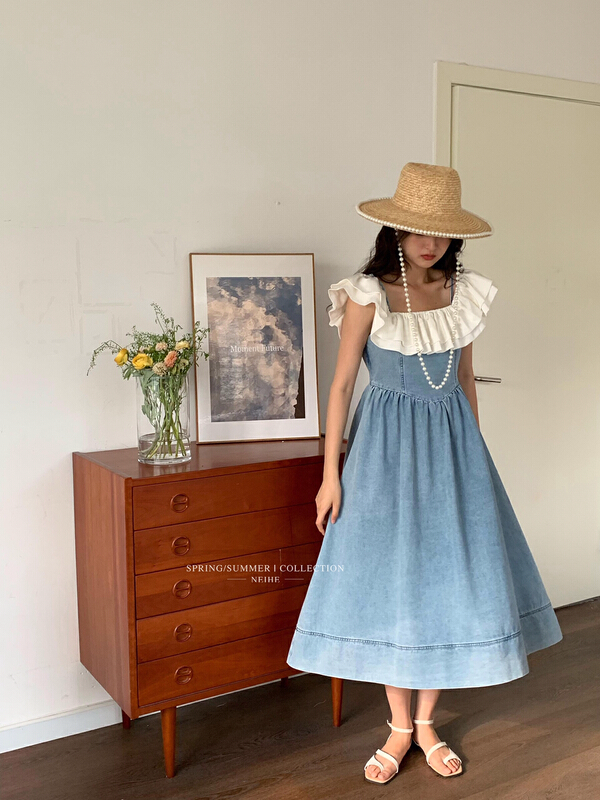 Buyer recommendation! [neihe] French romantic Ruffle denim suspender dress 22262# zxx