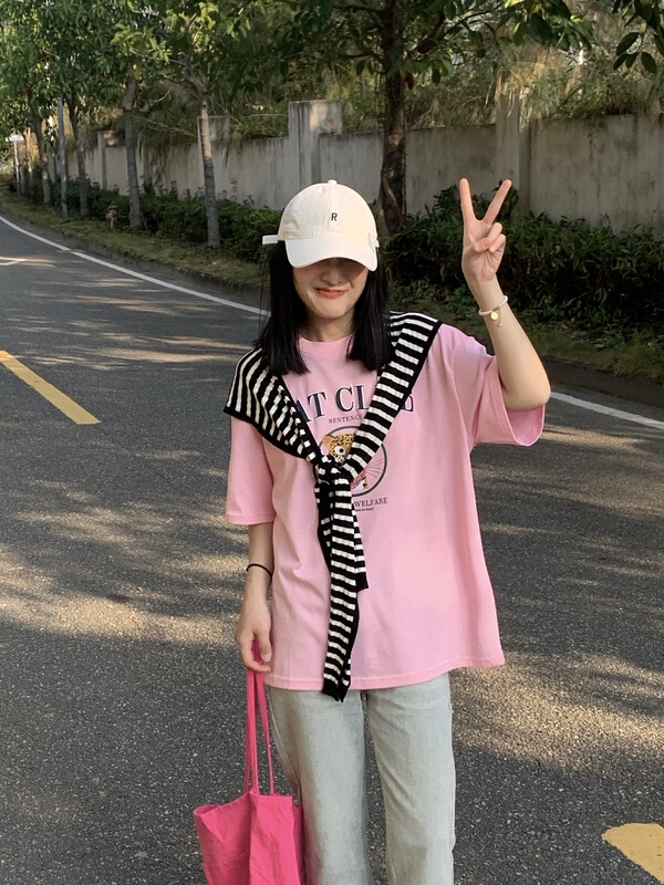 [meet + studio] loose print ins versatile short sleeve T-shirt (with knitted shawl) 52239# LSL