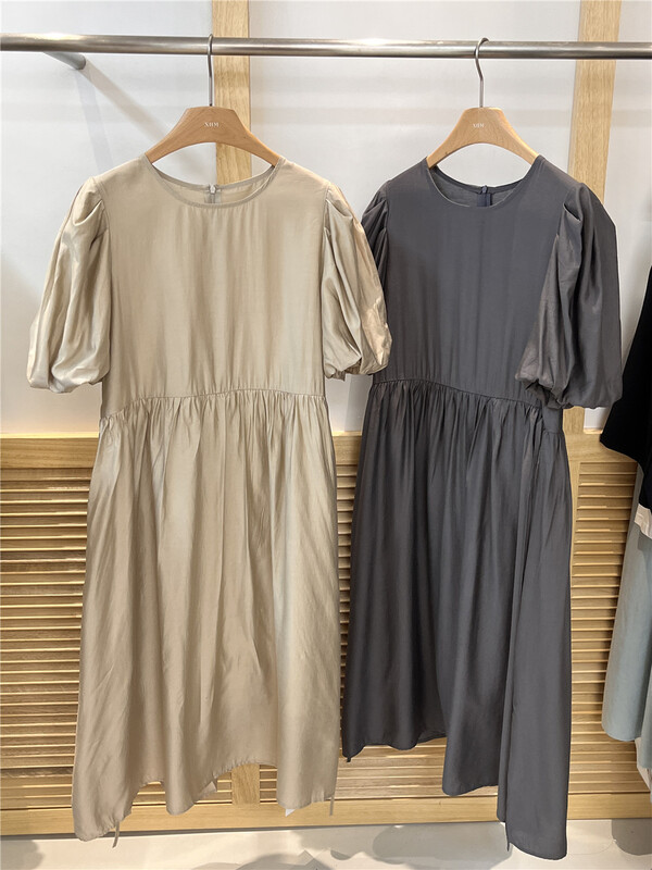 [xhm] Korean style round neck clean color bubble sleeve dress 2058# zjy