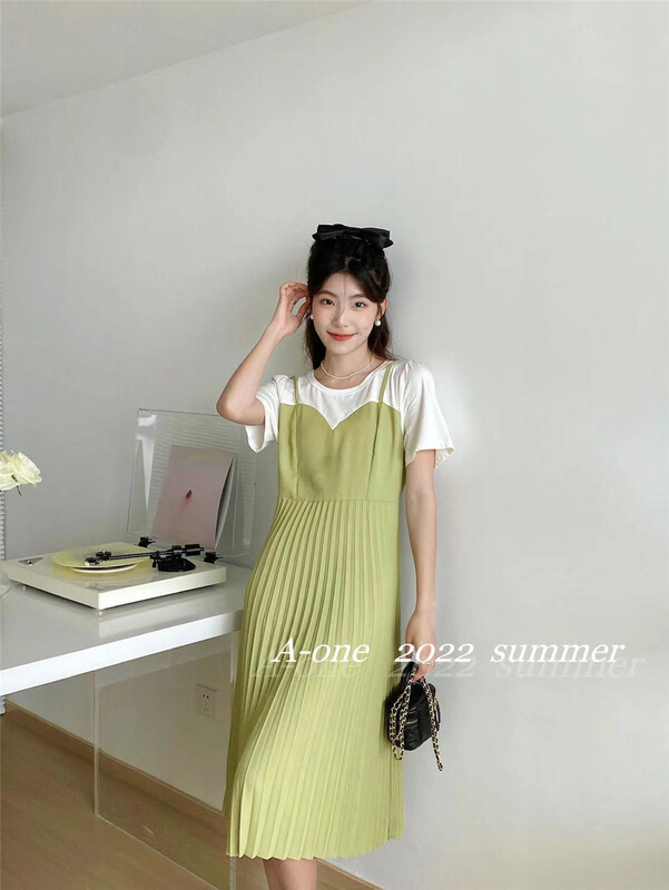 goods in stock! [A-One] Korean style fake two piece color matching dress 22090# hjy