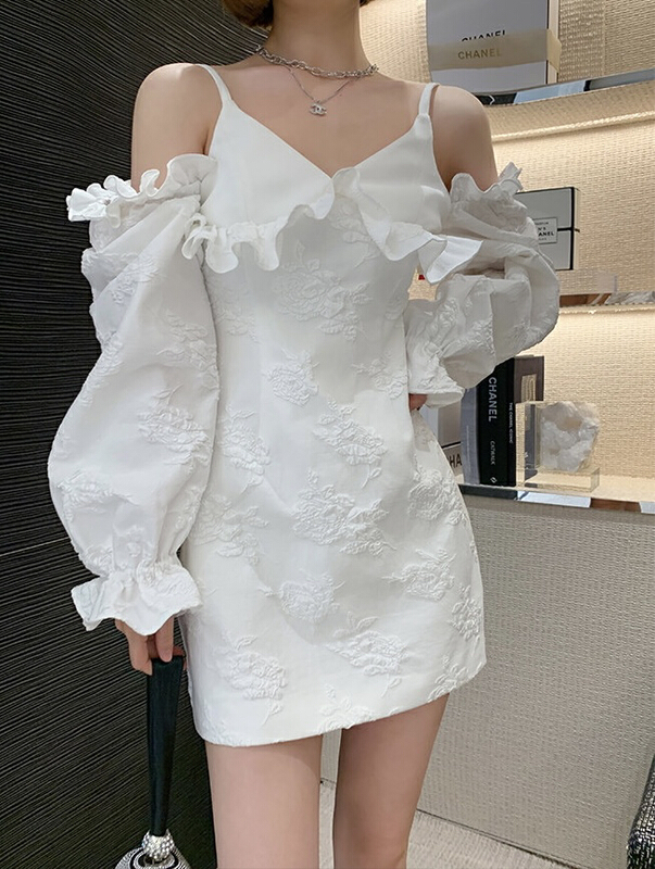 New year in early spring! [ala] three dimensional jacquard Ruffle shirt temperament suspender one shoulder dress l1208# JJ