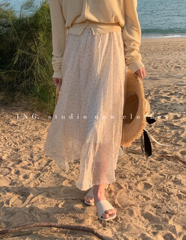 goods in stock! New year in early spring! [ing] Korean version with irregular temperament, high waist and thin wave dot mesh skirt 7510# ZSY