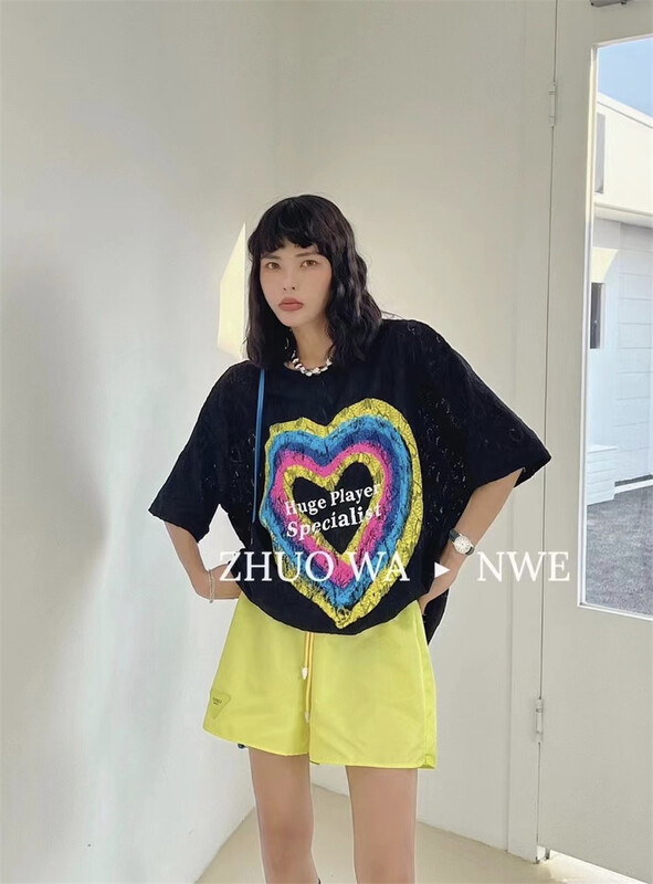[buyer Yan Xuan zhuowa] Korean alphabet love loose lace short sleeve T-shirt 2996# Cl