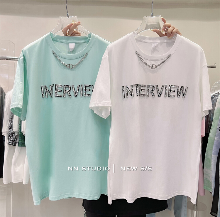 [NN] Korean alphabet printing chain short sleeve T-shirt 9663# XYY