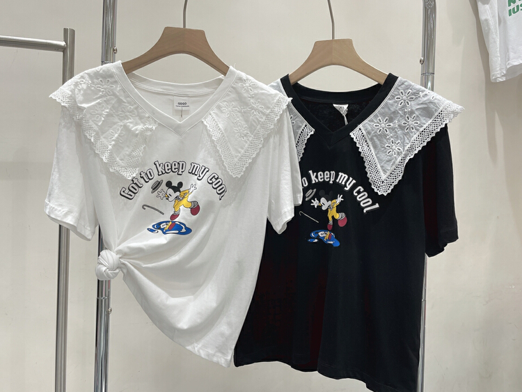 [Yuanxi · elements] versatile loose stitching college style doll collar cartoon printed age reducing short sleeve T-shirt 1920# WTT