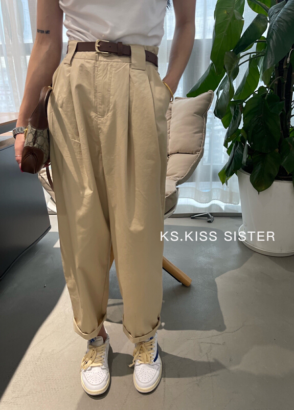 [KS] Korean version straight tube loose, simple and versatile wash cotton long casual pants (with belt) 20058# ozq