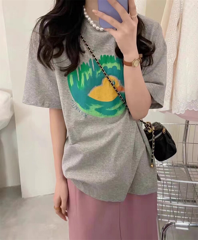 goods in stock! New in early summer! [Naikan Nik] Korean version of duckling printed round neck Pullover loose short sleeve T-shirt (short sleeves only) 9373# lwy