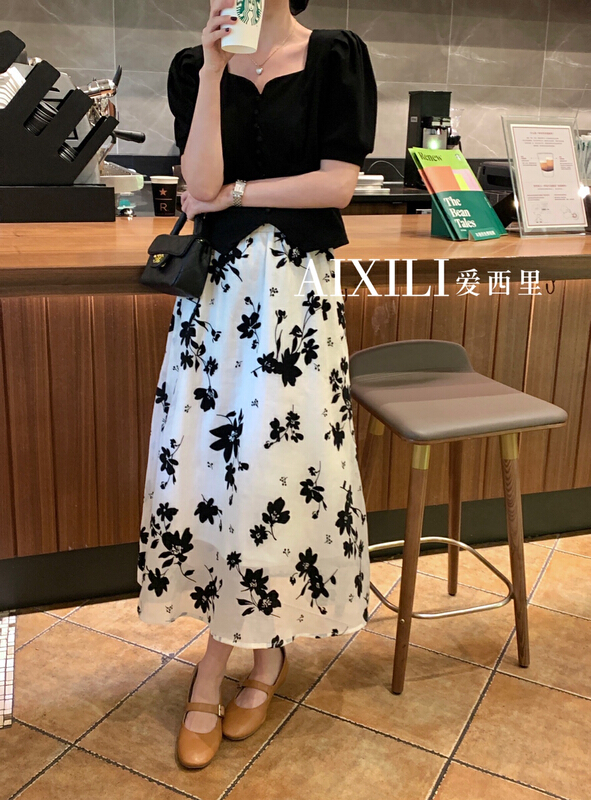 New in early summer! [aixili aisili] elastic waist floral medium length skirt 6377# WPL