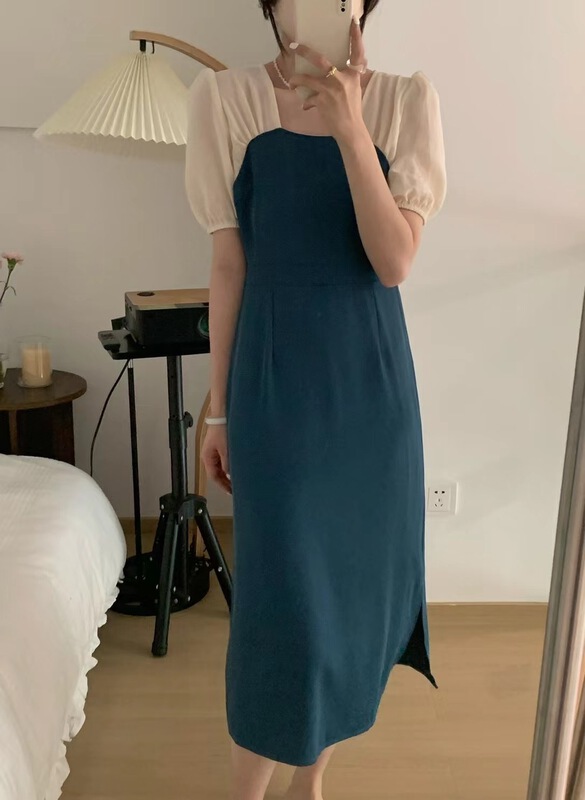 [sunshine] Korean color blocking design square neck bubble sleeve dress ys1-93821# cqw