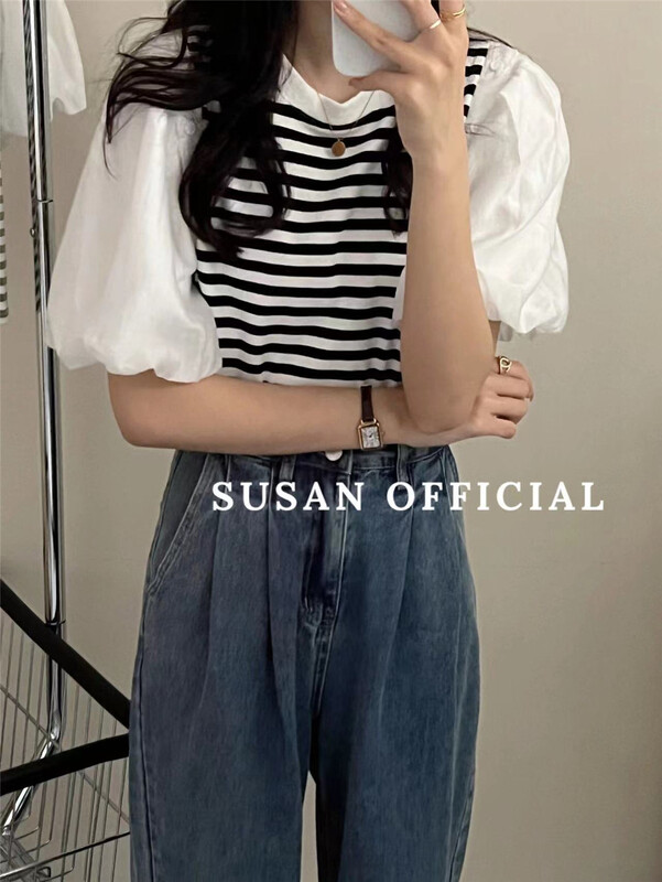 New in early summer! [Susan] striped bubble sleeve aging shirt 1208# LSW