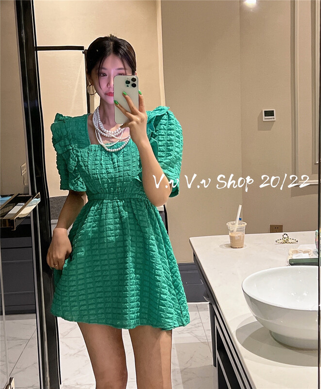 [v.v] Korean solid color Ruffle side bubble sleeve square neck dress 7250# cqw
