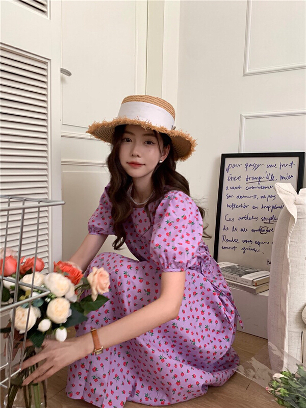 [timely rain] Hanfeng ins sweet violet broken flower age reducing bubble sleeve drawstring dress 47059# WPL