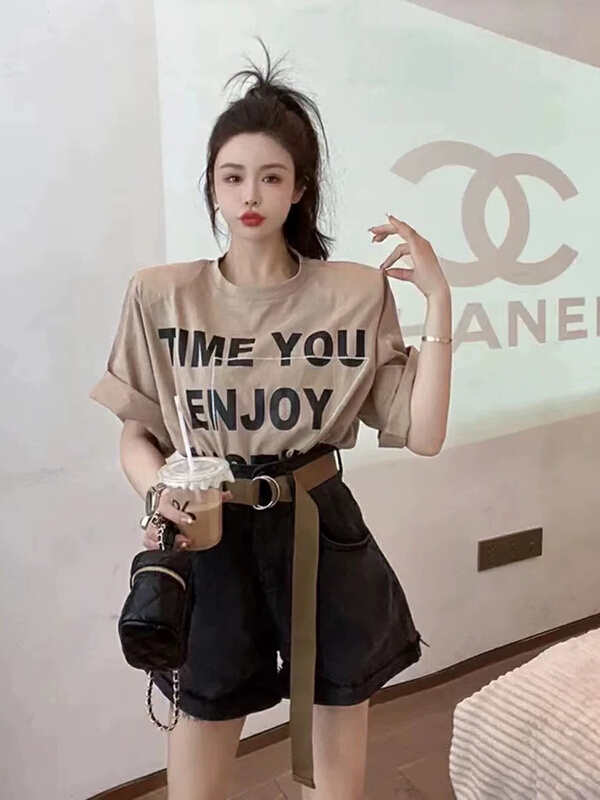 [JH] crew neck lettered printed short sleeve + washed denim shorts set (with belt) (suit only) 41563# PCZ