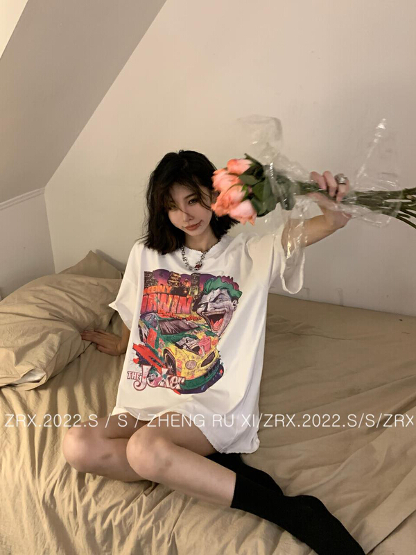 [zhengruxi] vintage print medium long short sleeve T-shirt 11666# WTT