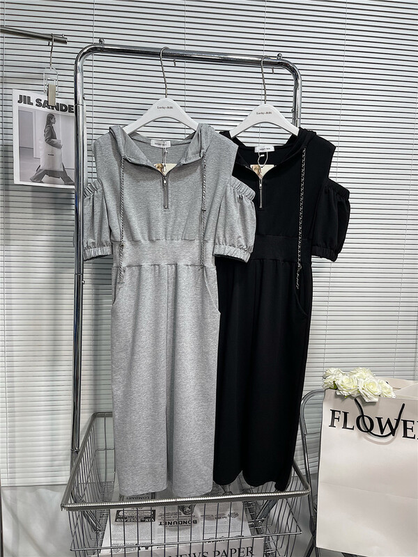 [lucky. Bibi] Korean pure color casual hooded off shoulder dress 1013# cqw