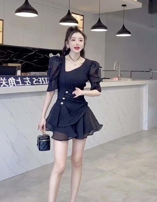 [ou zhengsha] temperament pleated breasted dress 18755# JJ
