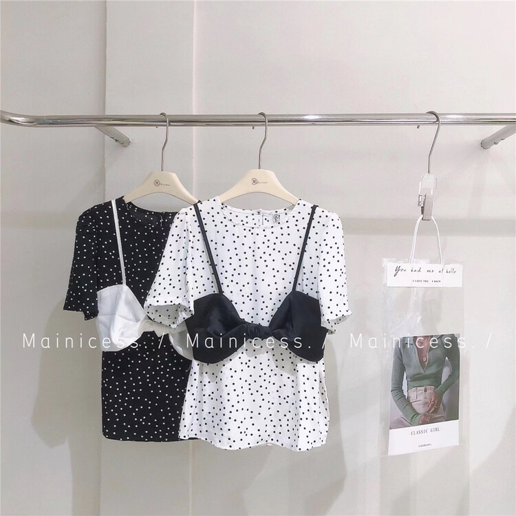 [mainicess] Korean version versatile wave dot blouse + sexy suspender vest set ys1-2501# CLS