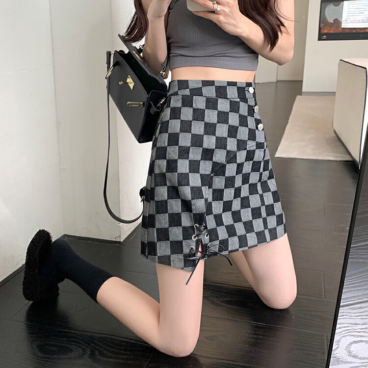 New in early summer! [four seasons] a small number of chessboard lace up high waist skirt 8885# LSL