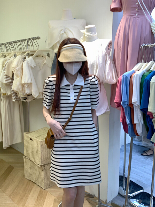 【AS】PoLo領華夫格條紋連衣裙  a6556#  HJY