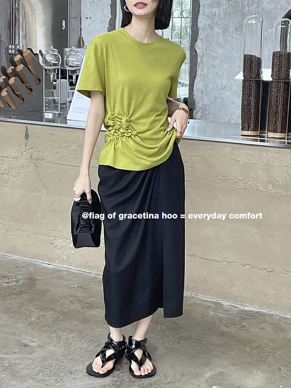 New in early summer! [gracetina Hoo] irregular side waist cotton crimped short sleeve T-shirt t6178# zxl