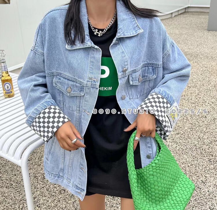 New year in early spring! [8090] checkerboard cuff comfortable denim jacket n9029# L