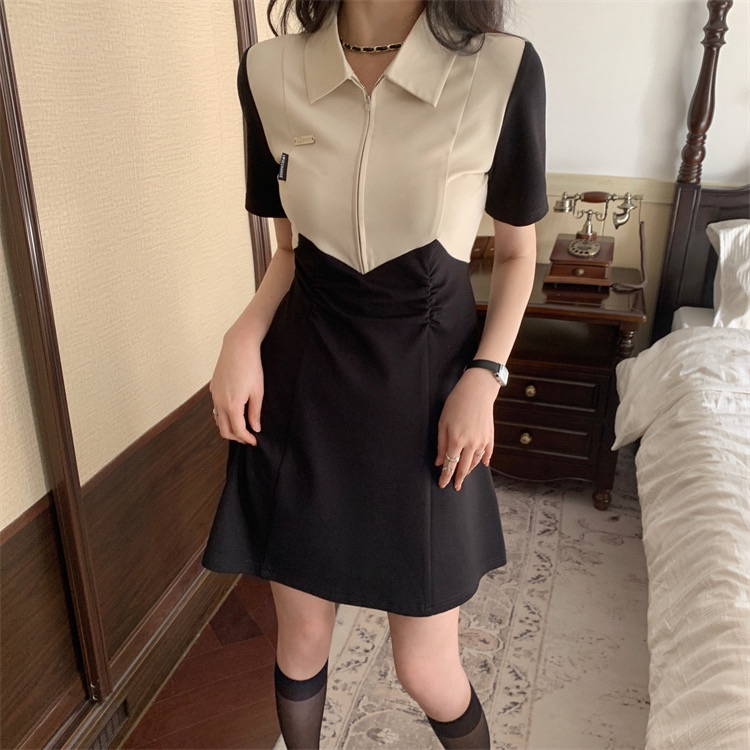 【花熙】韓版撞色拼接Polo領短款連衣裙(只賣短款連衣裙)  8963#  PCZ