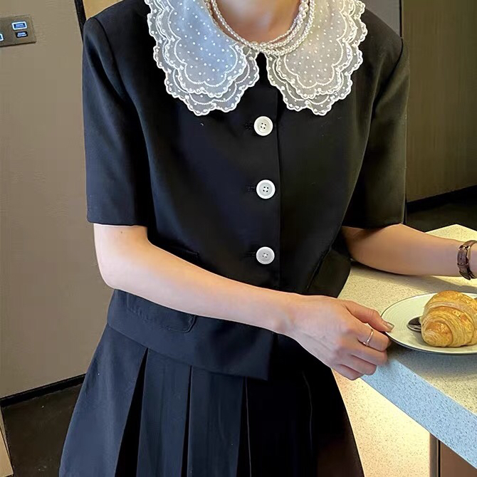 New in early summer! 【 bobi 】 Xiaoxiang Fenghua lace bead collar button up slim suit blouse 8816-1# hjy