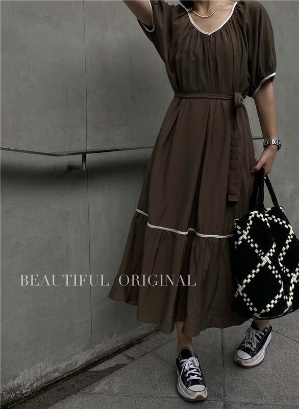 [B-O] color contrast edge niche design dress 87290# XYJ