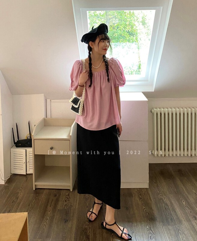 [moment with you] bubble sleeve net color casual shirt t0723-j# LSW