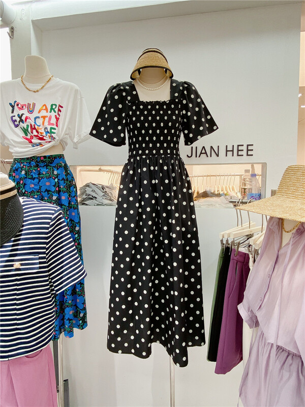[Jian hee] square collar wave point bubble sleeve wrap waist dress (only dresses) 2307# ozq
