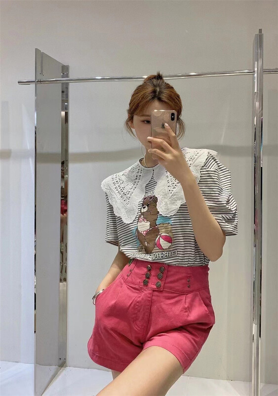 New in early summer! [Naikan Nik] Korean bear lace doll neck short sleeve T-shirt 9553# lwy