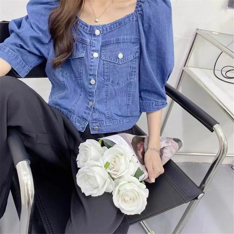 goods in stock! New in early summer! [ancient illustration] little woman's seven point sleeve denim shirt 22022# hjy