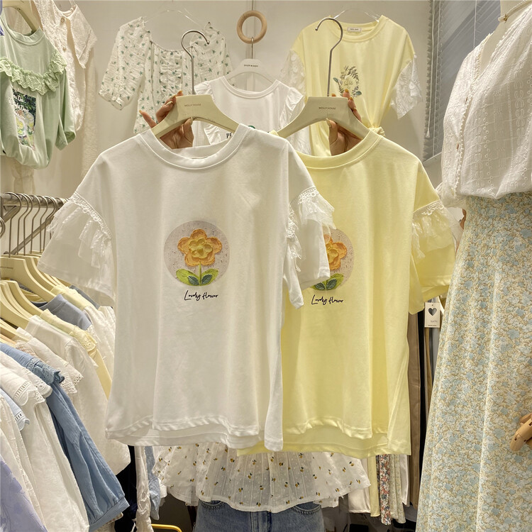 New in early summer! [purpler] Korean version small fresh printing lace splicing sleeve short sleeve T-shirt 083# hjy