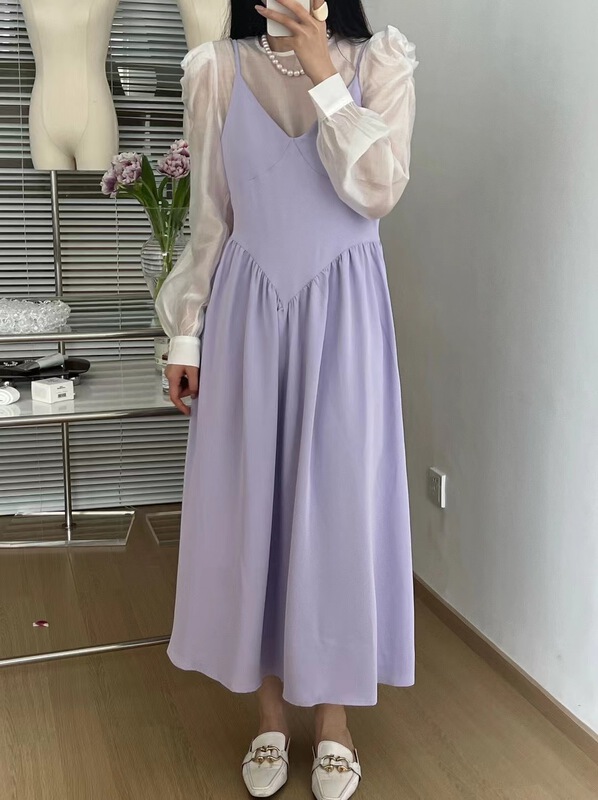 [sunshine] Solid Color Bubble Sleeve Blouse + slim suspender skirt two piece suit 95101# cqw