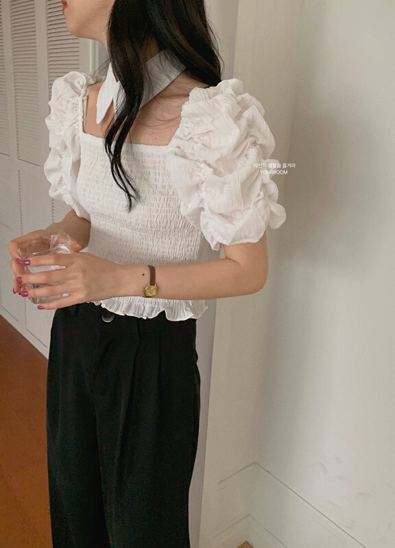 [your room] solid color slim fit puff sleeve square neck short shirt (with detachable collar) 665# cqw