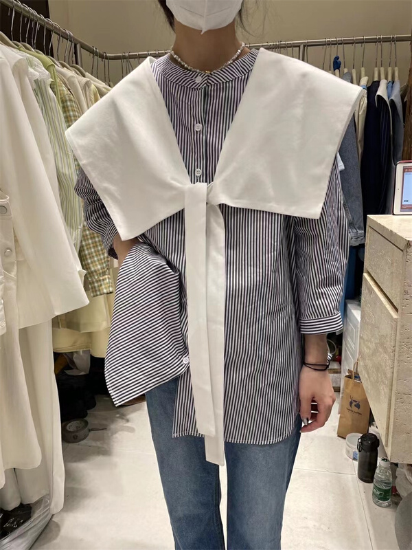 New year in early spring! [dream fly] Korean round neck striped shirt (with shawl) 61131# XJ