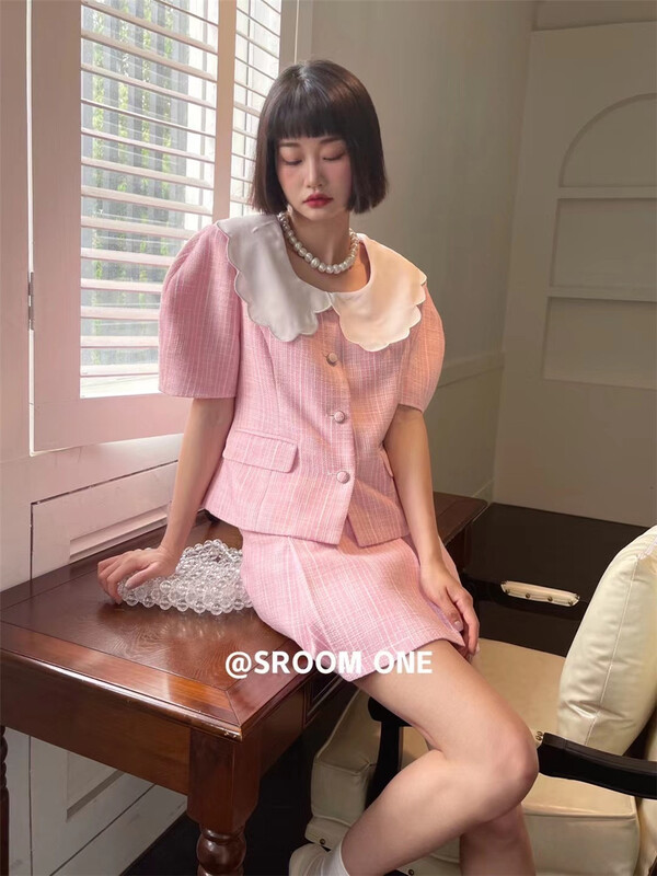 [s.room] stitched design Vintage jacket + high waist skirt set 5006# LSL