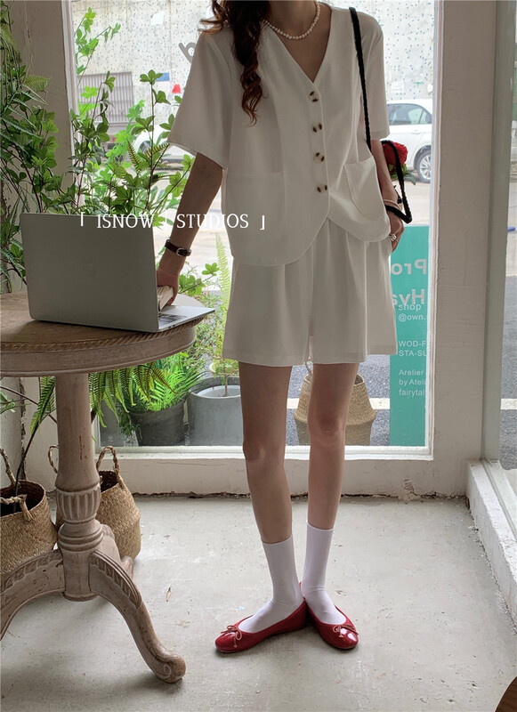 "I SNOW" Korean v-neck short sleeve jacket loose casual shorts set 282383# WPL