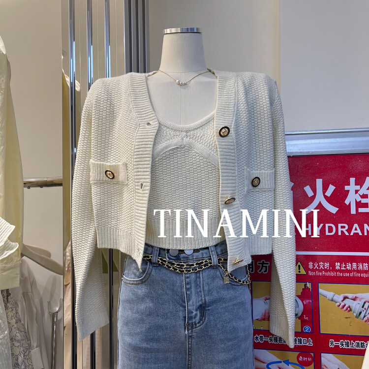 goods in stock! [Tina Mini] temperament gold silk short cardigan + short vest two-piece suit 2215# hjy