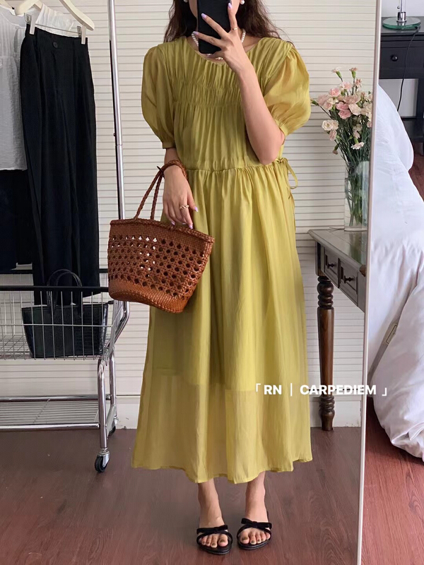 [R n] Korean version loose and versatile temperament pleated waist lace up Tencel dress (only dresses) 81010# ll