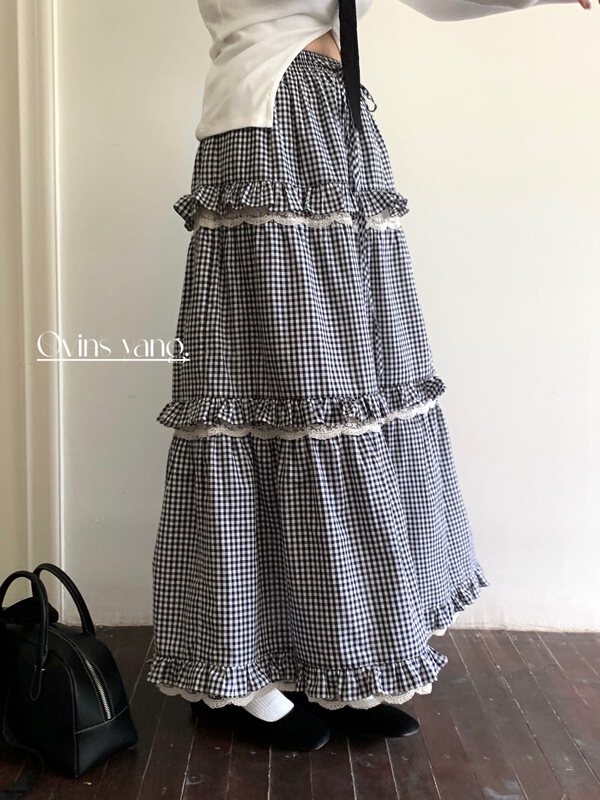[ovinsyang] court lace stitched cake plaid skirt 8685# WTT