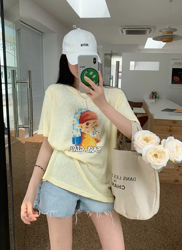 New in early summer! [two percent] linen cartoon beauty print versatile short sleeve T-shirt 9893# LSL