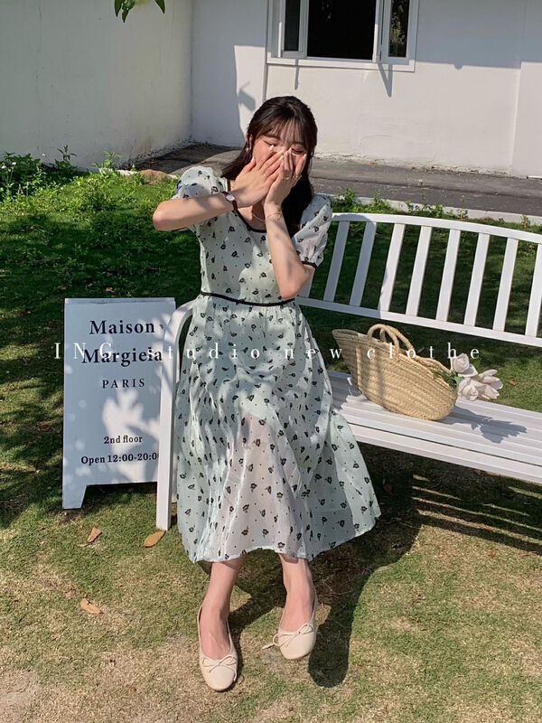 [ing] Korean version of age reducing versatile color contrast edge bubble sleeve Decor dress ing-7701# HBx