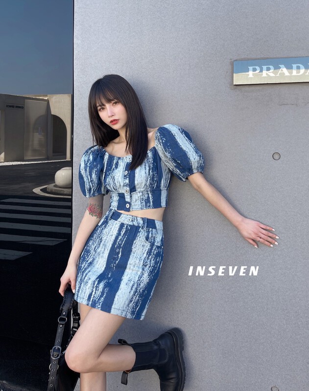 New in early summer! [inseven] Korean fashion tie dyed denim shirt + high waist slim short skirt set 26333# ozq