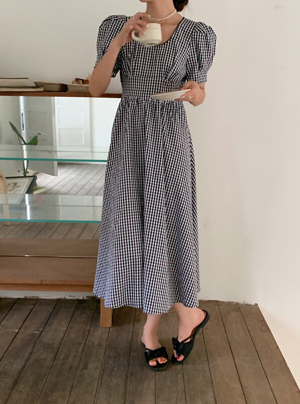 [vistype] elegant French Style Bubble Sleeve high waist Plaid Dress 7677# hjy