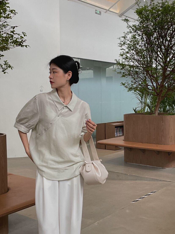 [soul] Guochao leisure diagonal button design blouse at18149222c# CLS